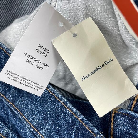 Abercrombie & Fitch High Rise Loose Jeans Women 26 Short Blue Dark Wash Cuff Hem - Picture 14 of 16